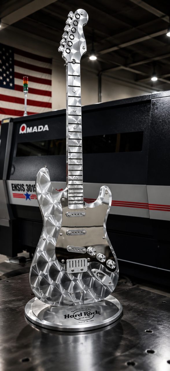 Full-size aluminum guitar fabricated by MJM Manufacturing, winner of an Amada Technical Encouragement Award