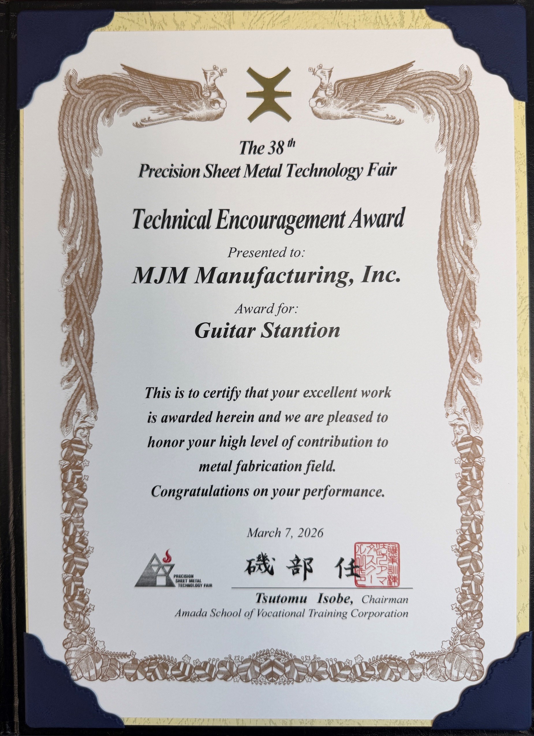 Amada Technical Encouragement Award certificate presented to MJM Manufacturing at the 38th Precision Sheet Metal Technology Fair