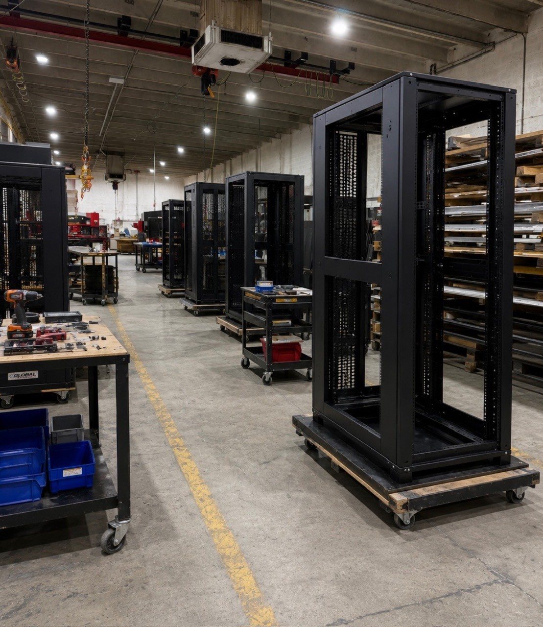 Welded 19-inch server rack cabinets fabricated at MJM Manufacturing in Miami Gardens, Florida