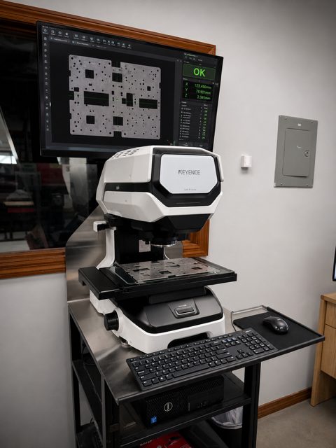 Keyence LM-X multisensor measurement system verifying a sheet metal part with an OK pass result at MJM Manufacturing