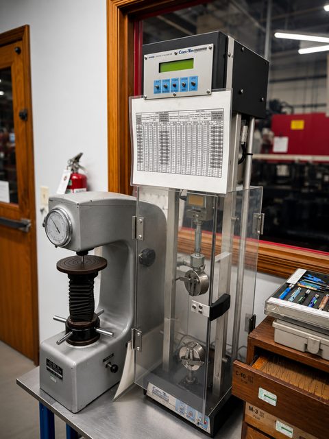 Rockwell hardness tester and Com-Ten force tester used for weld pull testing and material verification at MJM Manufacturing