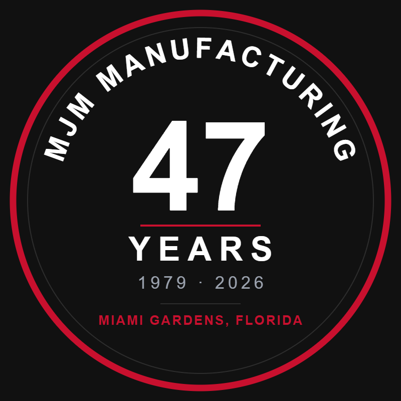 MJM Manufacturing 47 years anniversary badge, 1979 to 2026, Miami Gardens, Florida