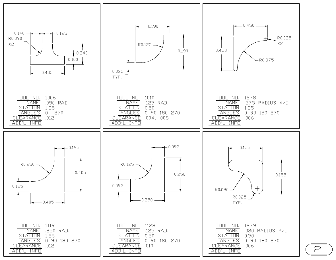 MJM 1- and 2-Corner Radius turret punch tool drawings with dimensions, station and clearance