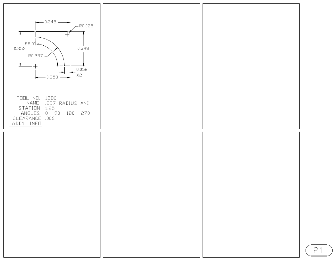 MJM 1- and 2-Corner Radius turret punch tool drawings with dimensions, station and clearance