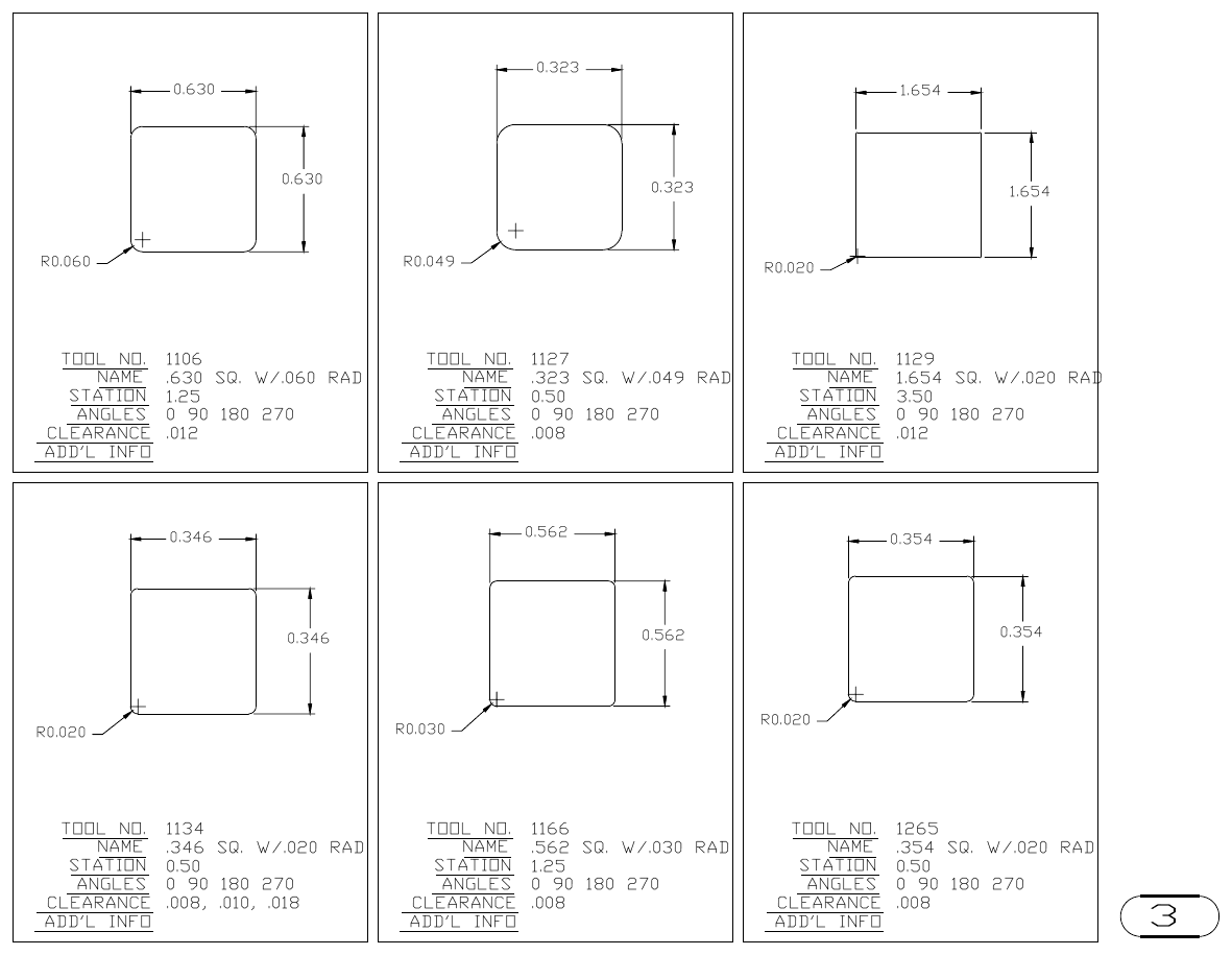 MJM Square with Radius Corners turret punch tool drawings with dimensions, station and clearance