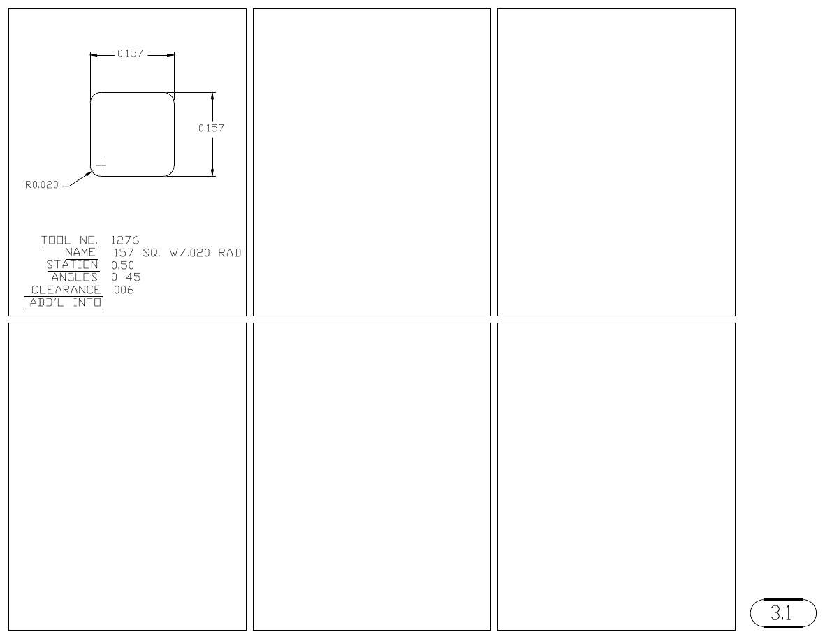 MJM Square with Radius Corners turret punch tool drawings with dimensions, station and clearance
