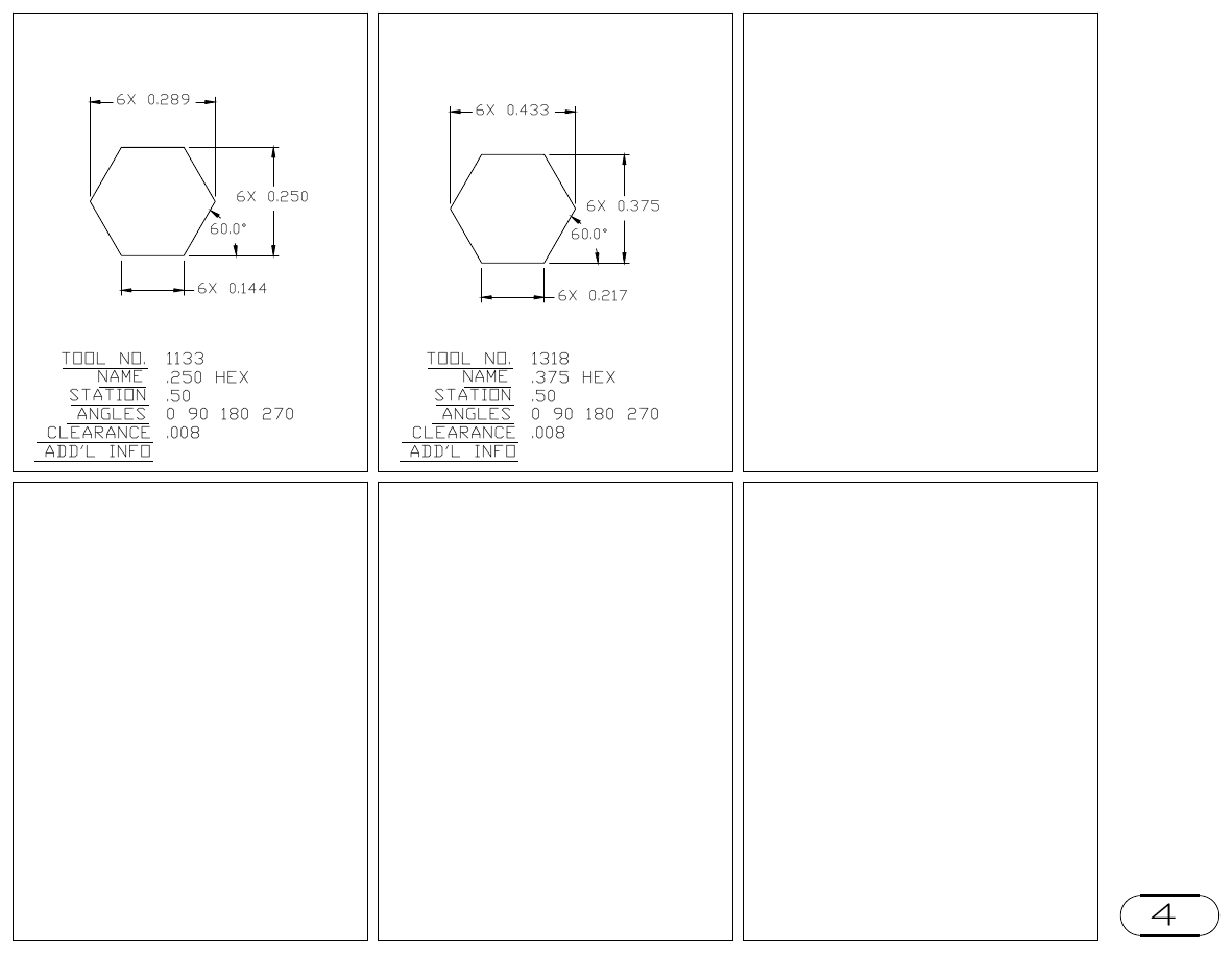 MJM Hexagon turret punch tool drawings with dimensions, station and clearance