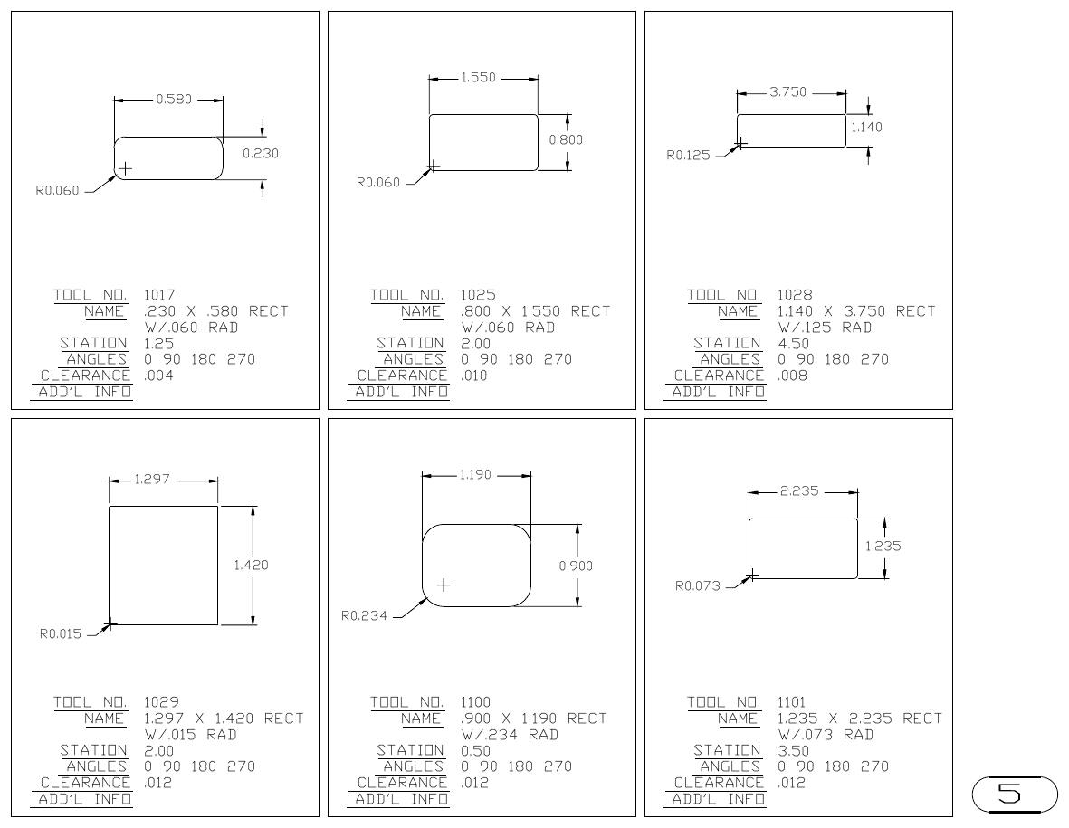MJM Rectangle with Radius Corners turret punch tool drawings with dimensions, station and clearance