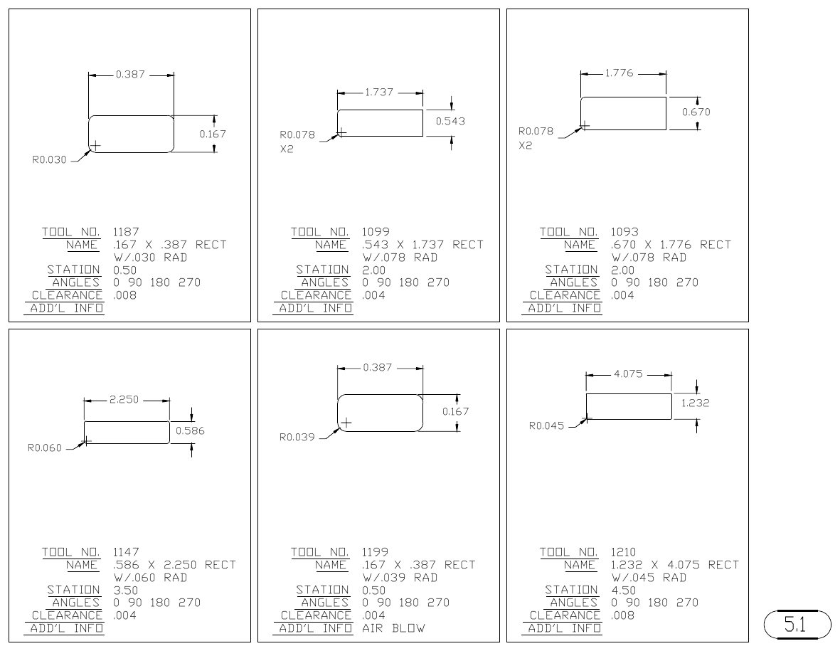 MJM Rectangle with Radius Corners turret punch tool drawings with dimensions, station and clearance
