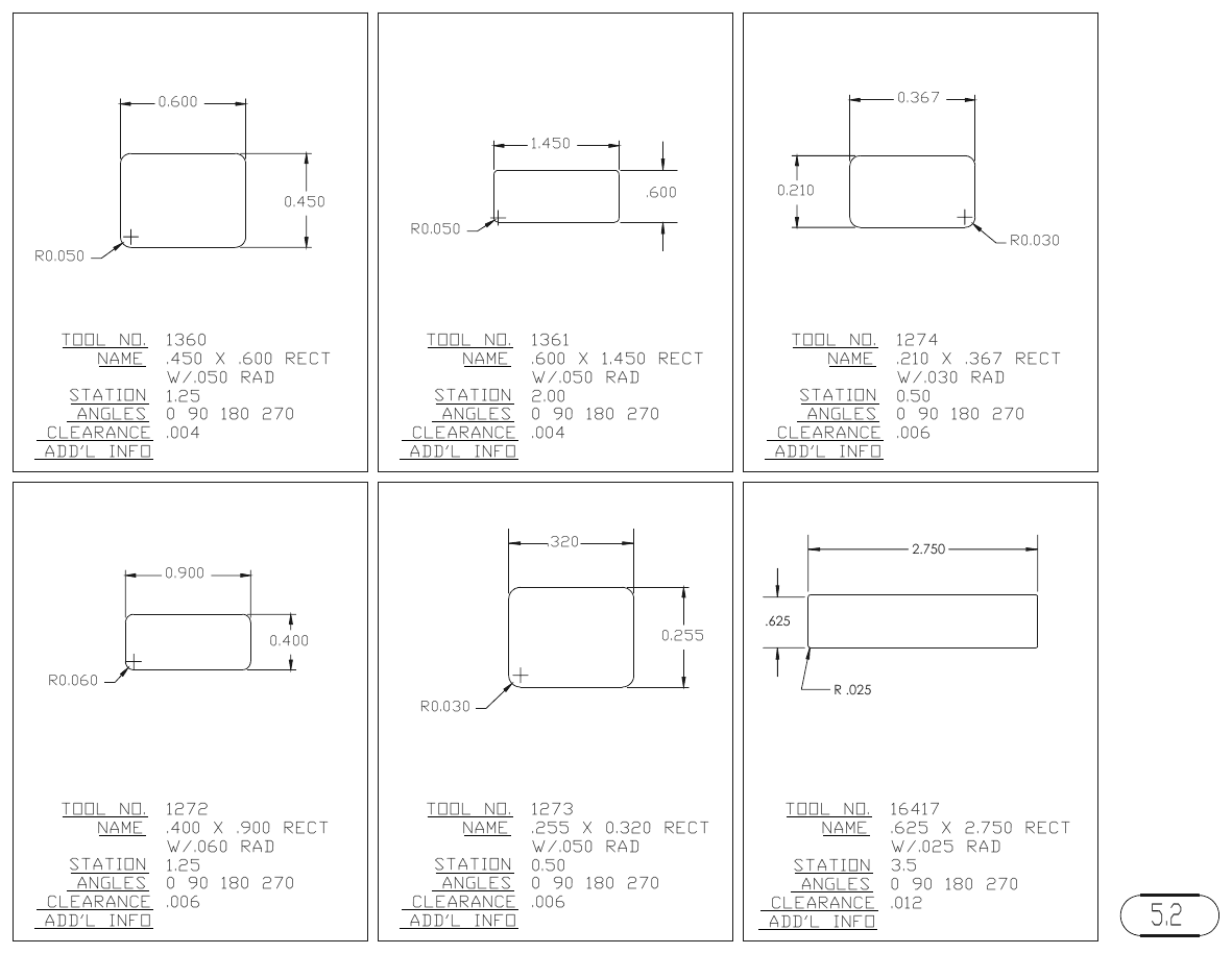 MJM Rectangle with Radius Corners turret punch tool drawings with dimensions, station and clearance