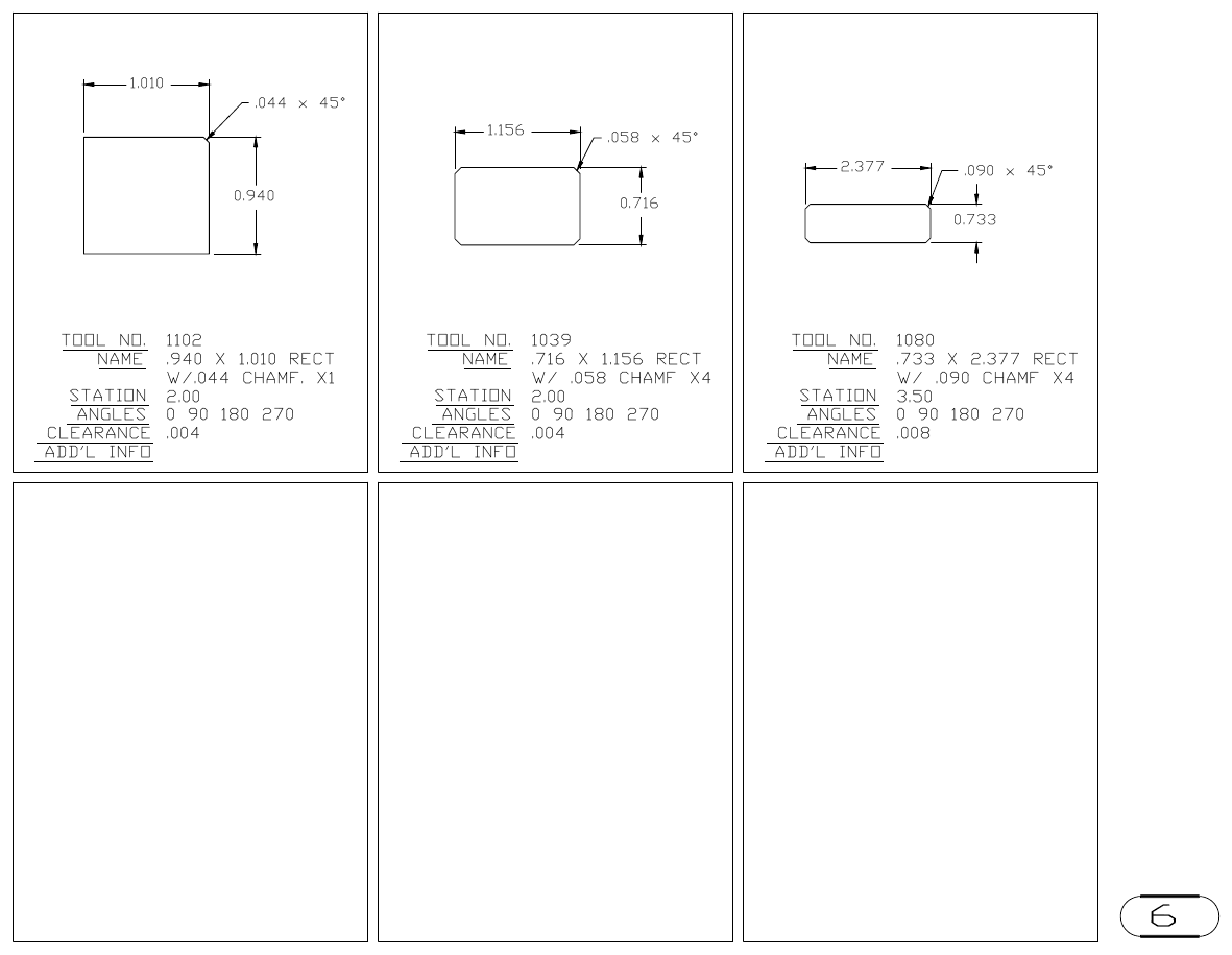 MJM Rectangle with Chamfered Corners turret punch tool drawings with dimensions, station and clearance