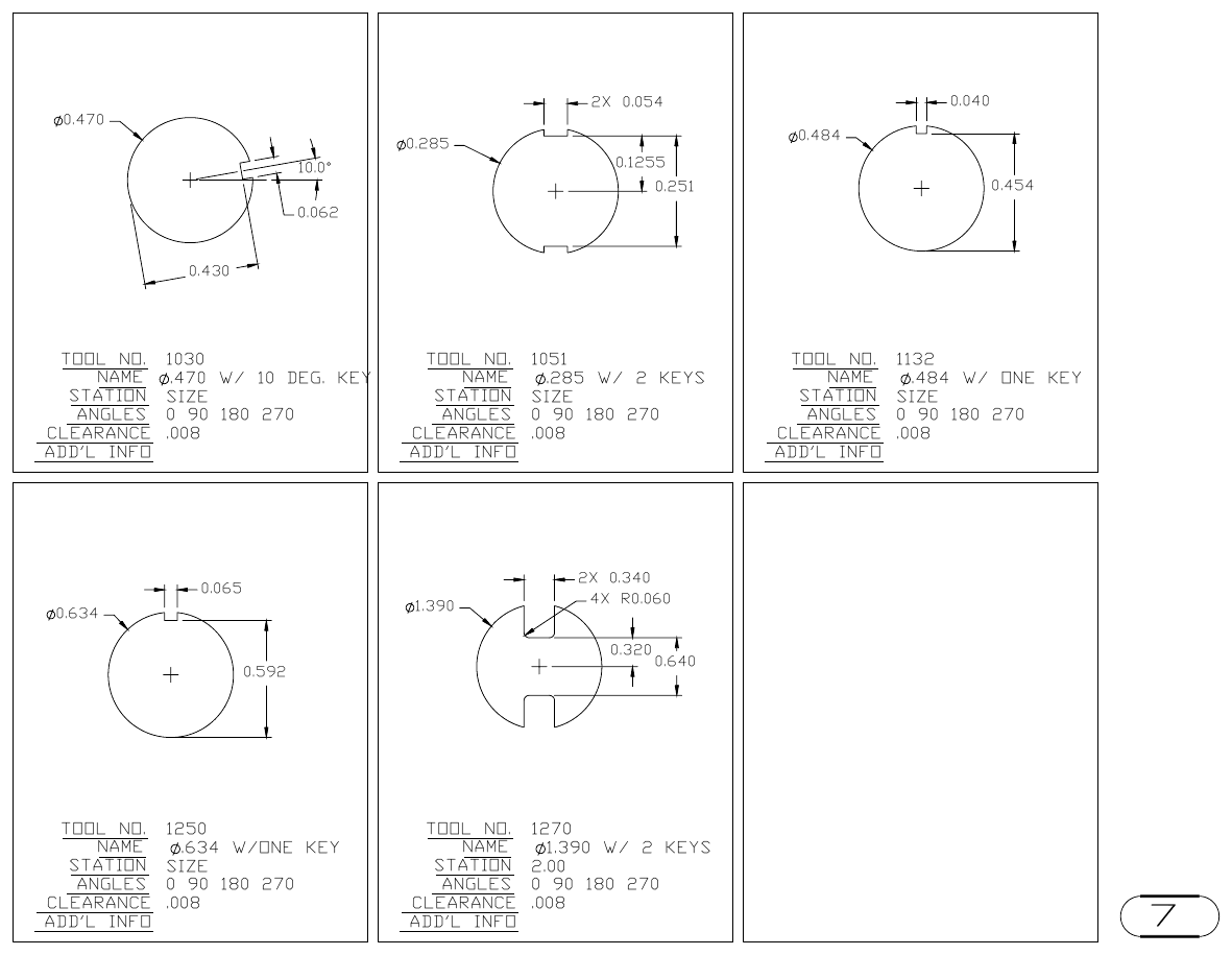 MJM Round with Keyway turret punch tool drawings with dimensions, station and clearance