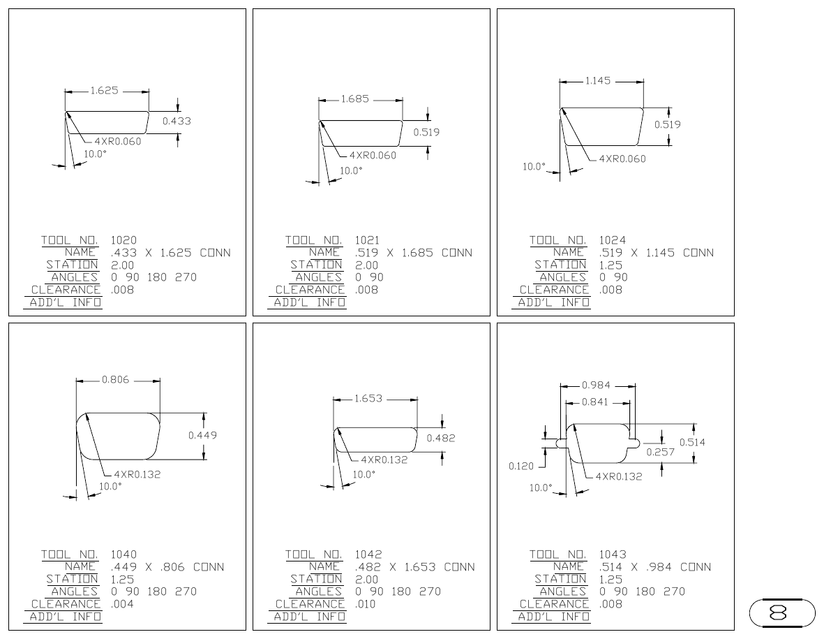 MJM Connector Cutouts turret punch tool drawings with dimensions, station and clearance