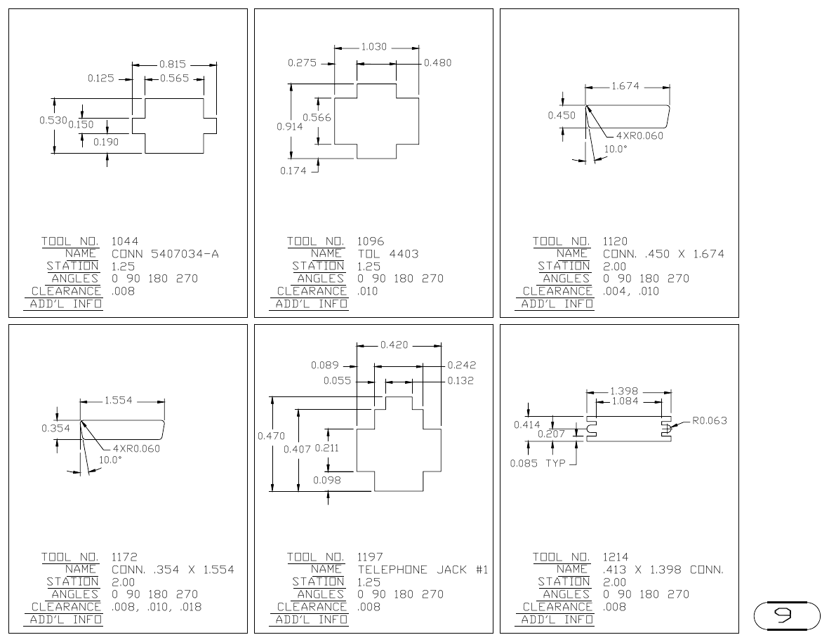 MJM Connector Cutouts turret punch tool drawings with dimensions, station and clearance