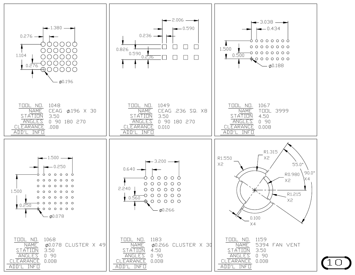 MJM Clusters and Vent Patterns turret punch tool drawings with dimensions, station and clearance