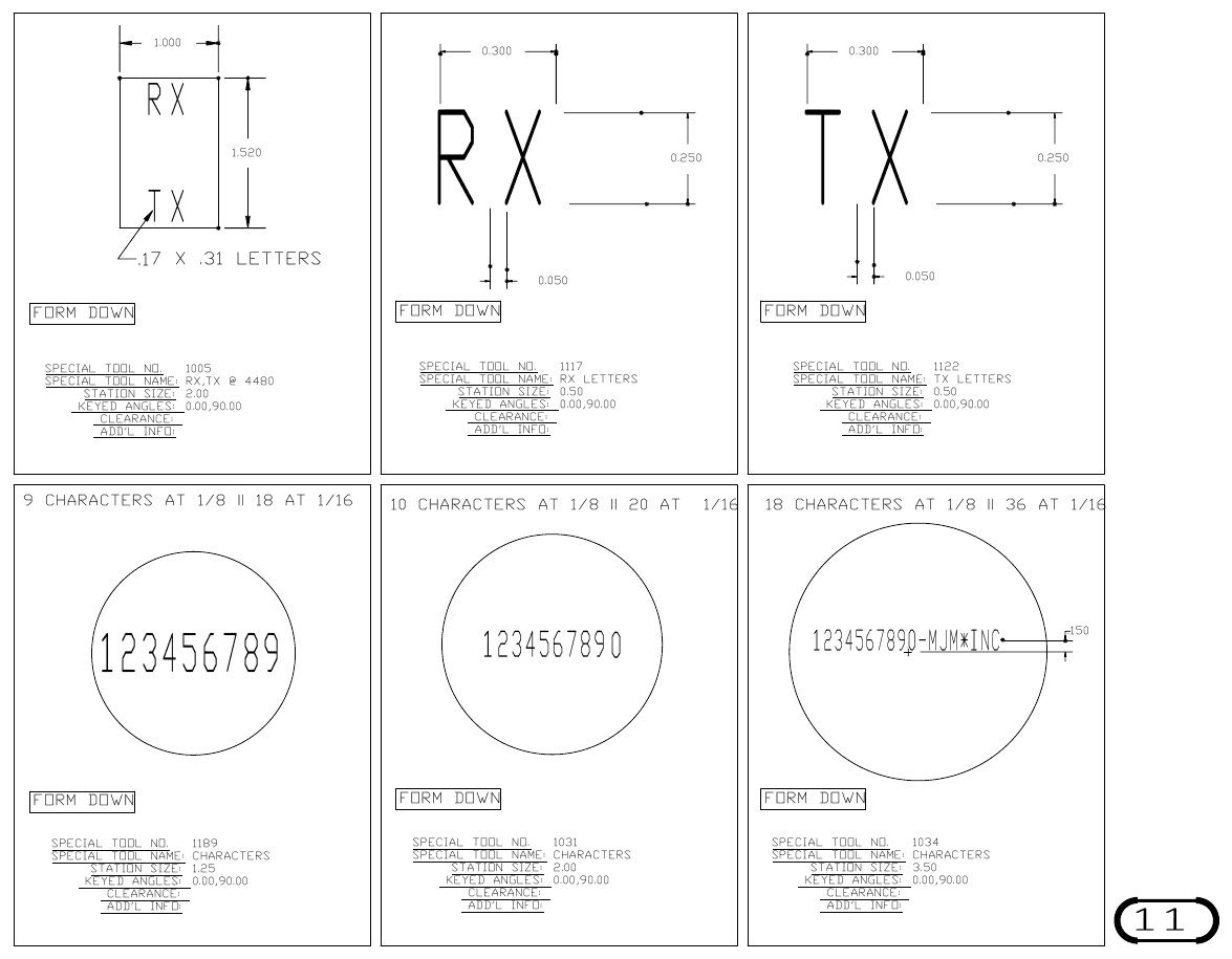 MJM Letters and Symbols turret punch tool drawings with dimensions, station and clearance