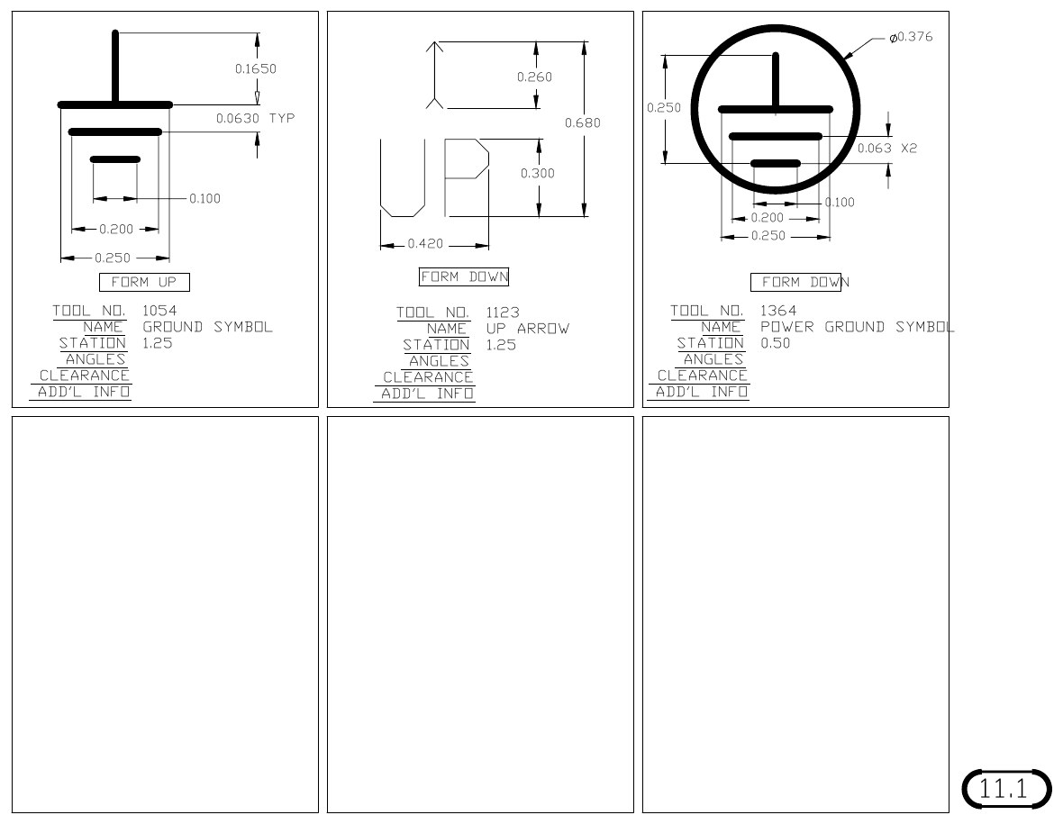 MJM Letters and Symbols turret punch tool drawings with dimensions, station and clearance