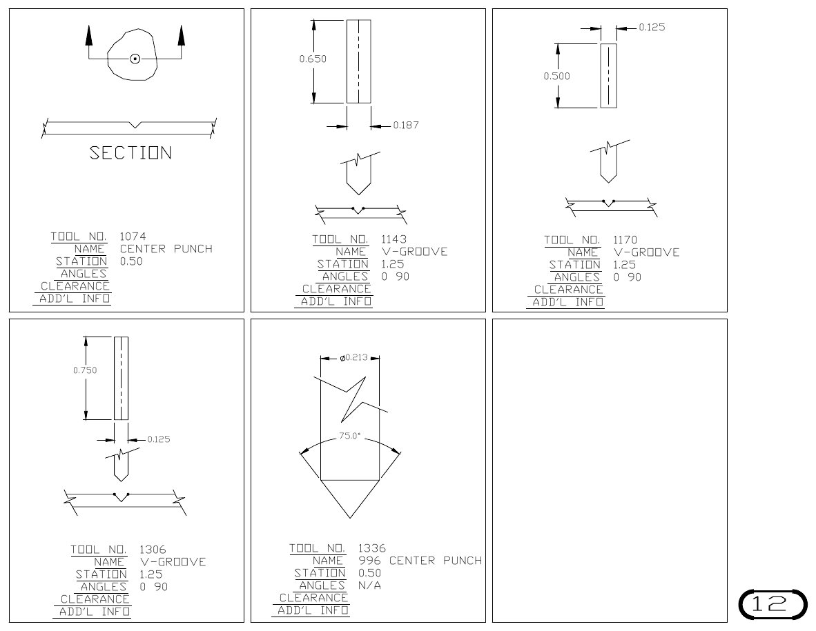 MJM Center Punch and V-Groove turret punch tool drawings with dimensions, station and clearance