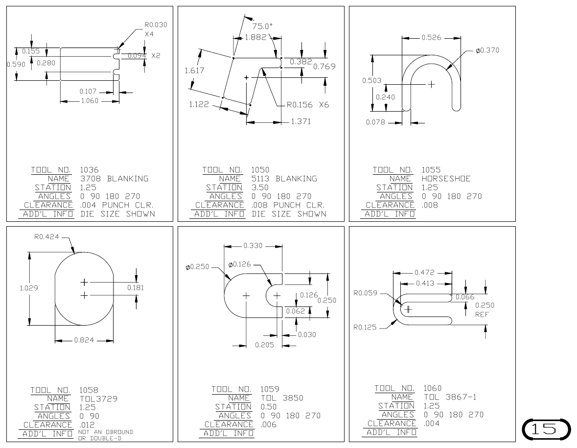 MJM Custom Blanking Shapes and Triangles turret punch tool drawings with dimensions, station and clearance