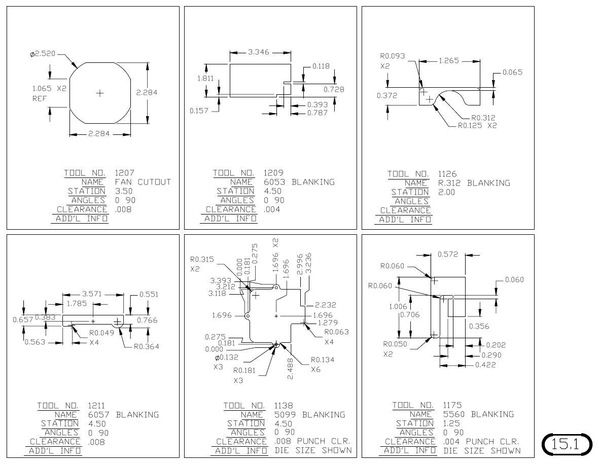 MJM Custom Blanking Shapes and Triangles turret punch tool drawings with dimensions, station and clearance