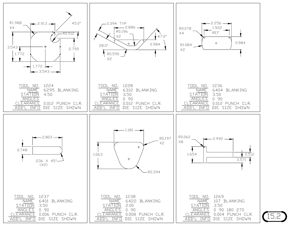 MJM Custom Blanking Shapes and Triangles turret punch tool drawings with dimensions, station and clearance