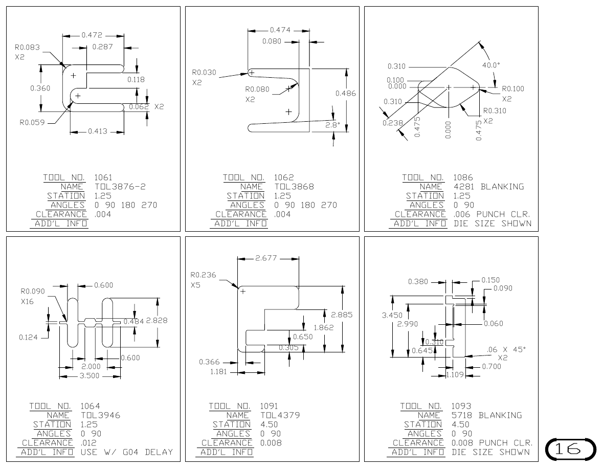 MJM Custom Blanking Shapes and Triangles turret punch tool drawings with dimensions, station and clearance