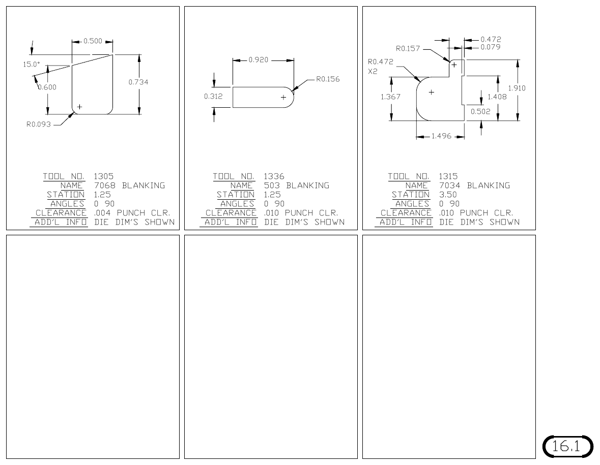 MJM Custom Blanking Shapes and Triangles turret punch tool drawings with dimensions, station and clearance