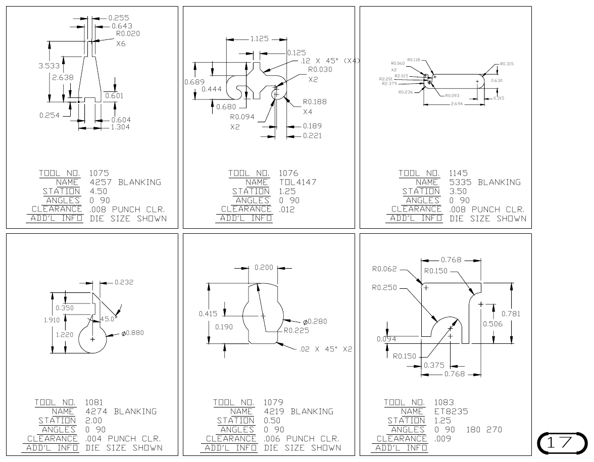 MJM Custom Blanking Shapes and Triangles turret punch tool drawings with dimensions, station and clearance