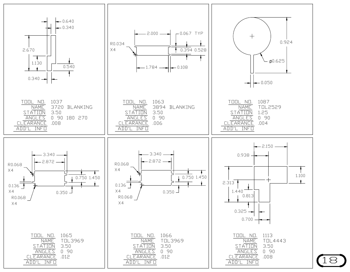 MJM Custom Blanking Shapes and Triangles turret punch tool drawings with dimensions, station and clearance