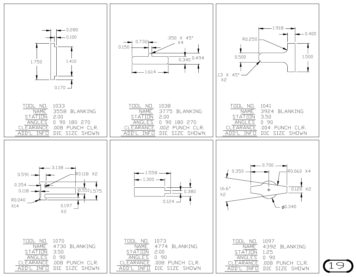 MJM Custom Blanking Shapes and Triangles turret punch tool drawings with dimensions, station and clearance