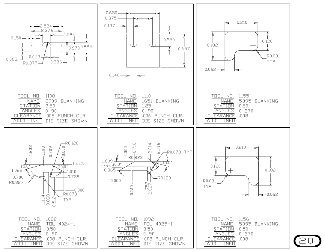 MJM Custom Blanking Shapes and Triangles turret punch tool drawings with dimensions, station and clearance