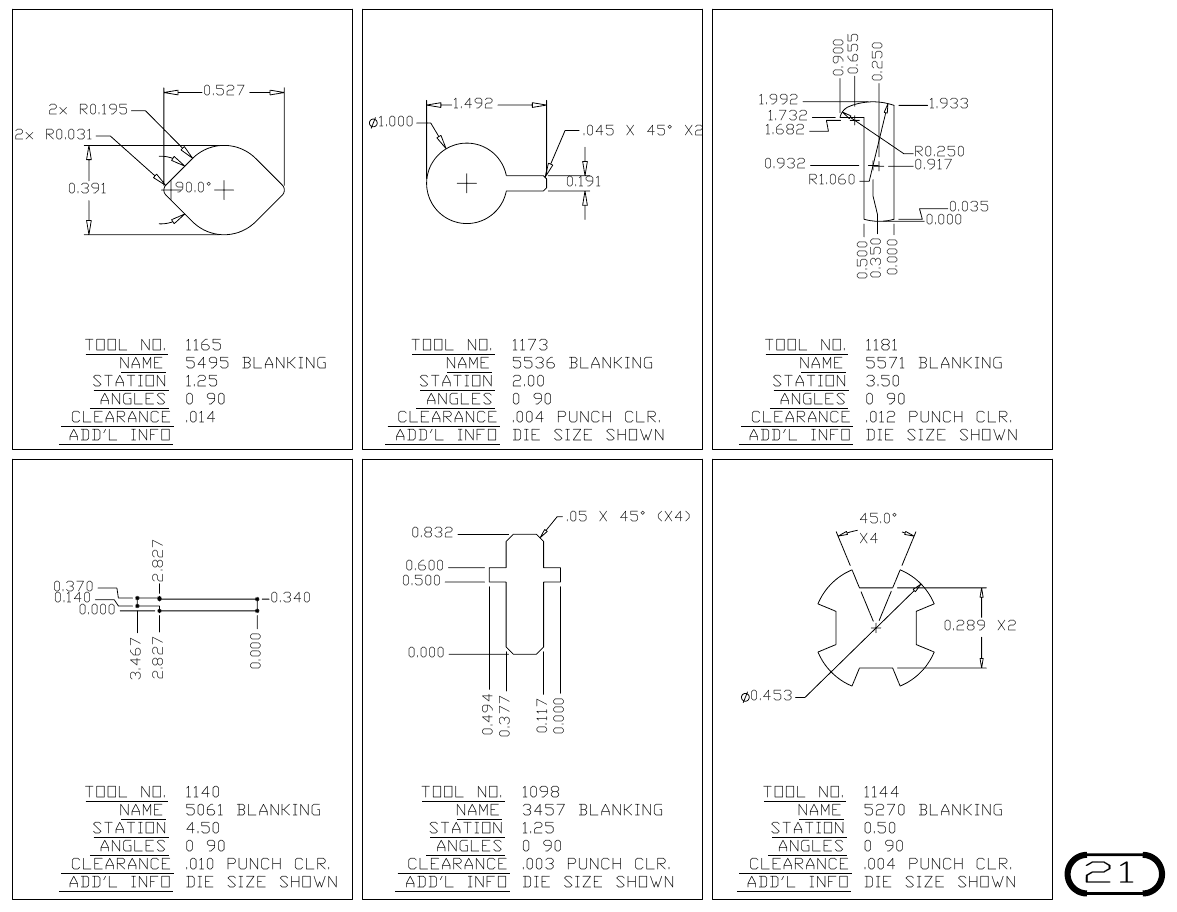MJM Custom Blanking Shapes and Triangles turret punch tool drawings with dimensions, station and clearance