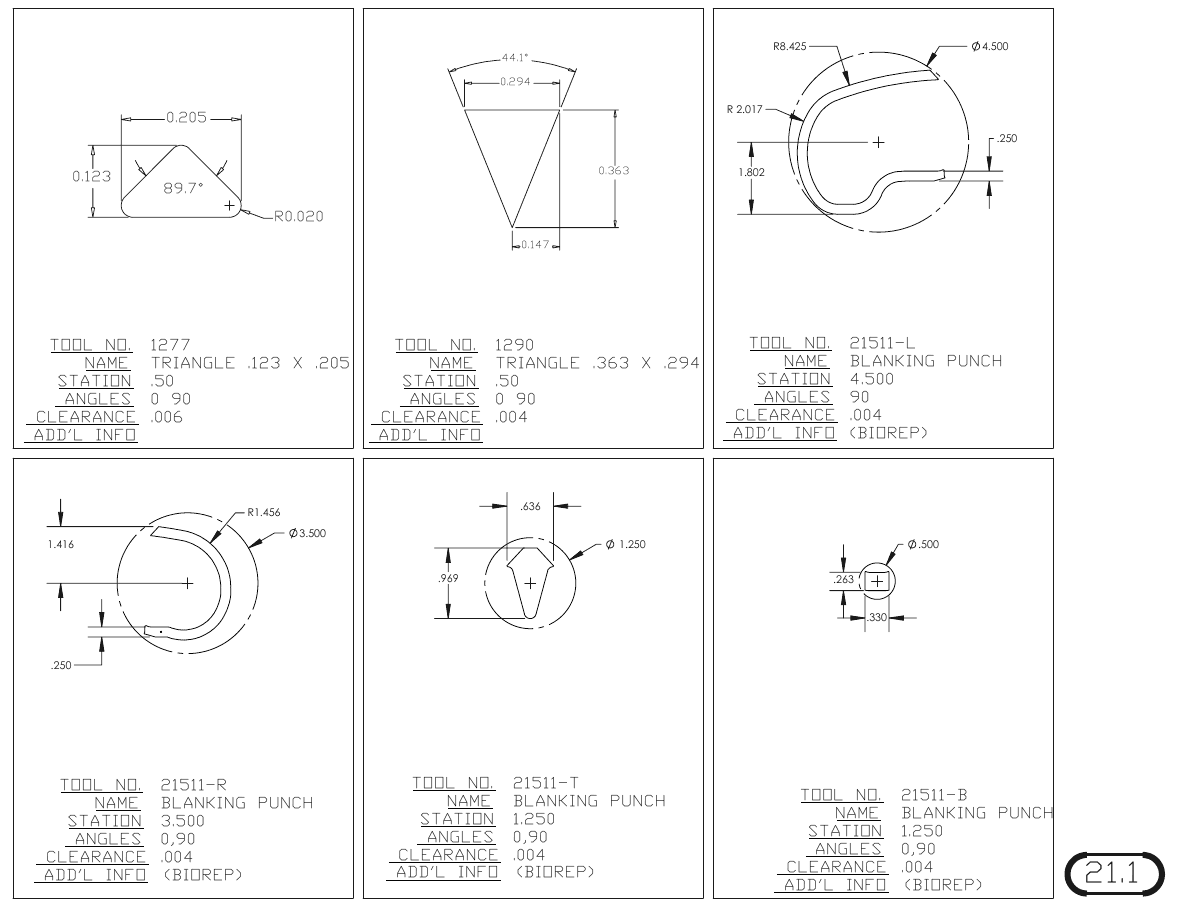 MJM Custom Blanking Shapes and Triangles turret punch tool drawings with dimensions, station and clearance