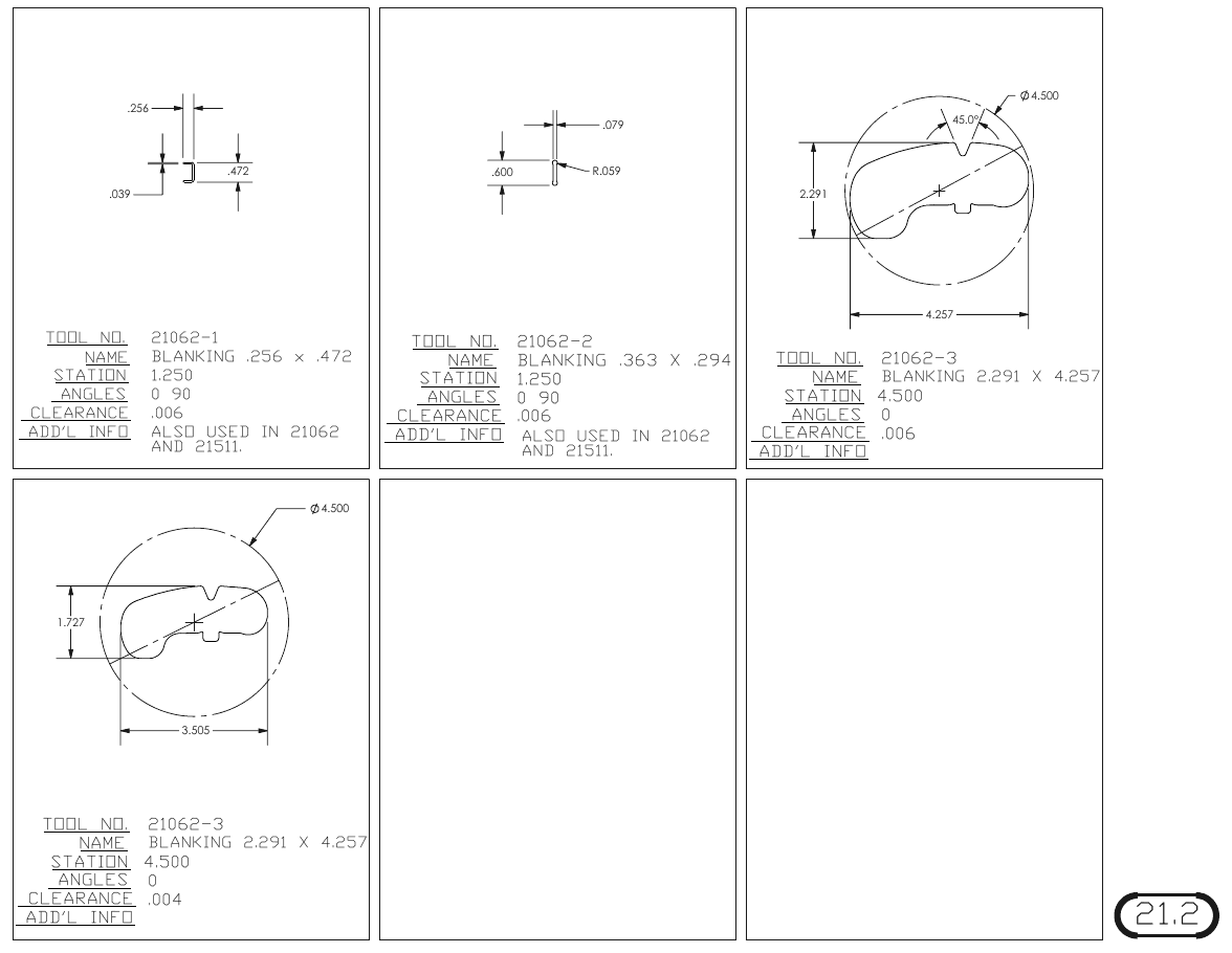 MJM Custom Blanking Shapes and Triangles turret punch tool drawings with dimensions, station and clearance