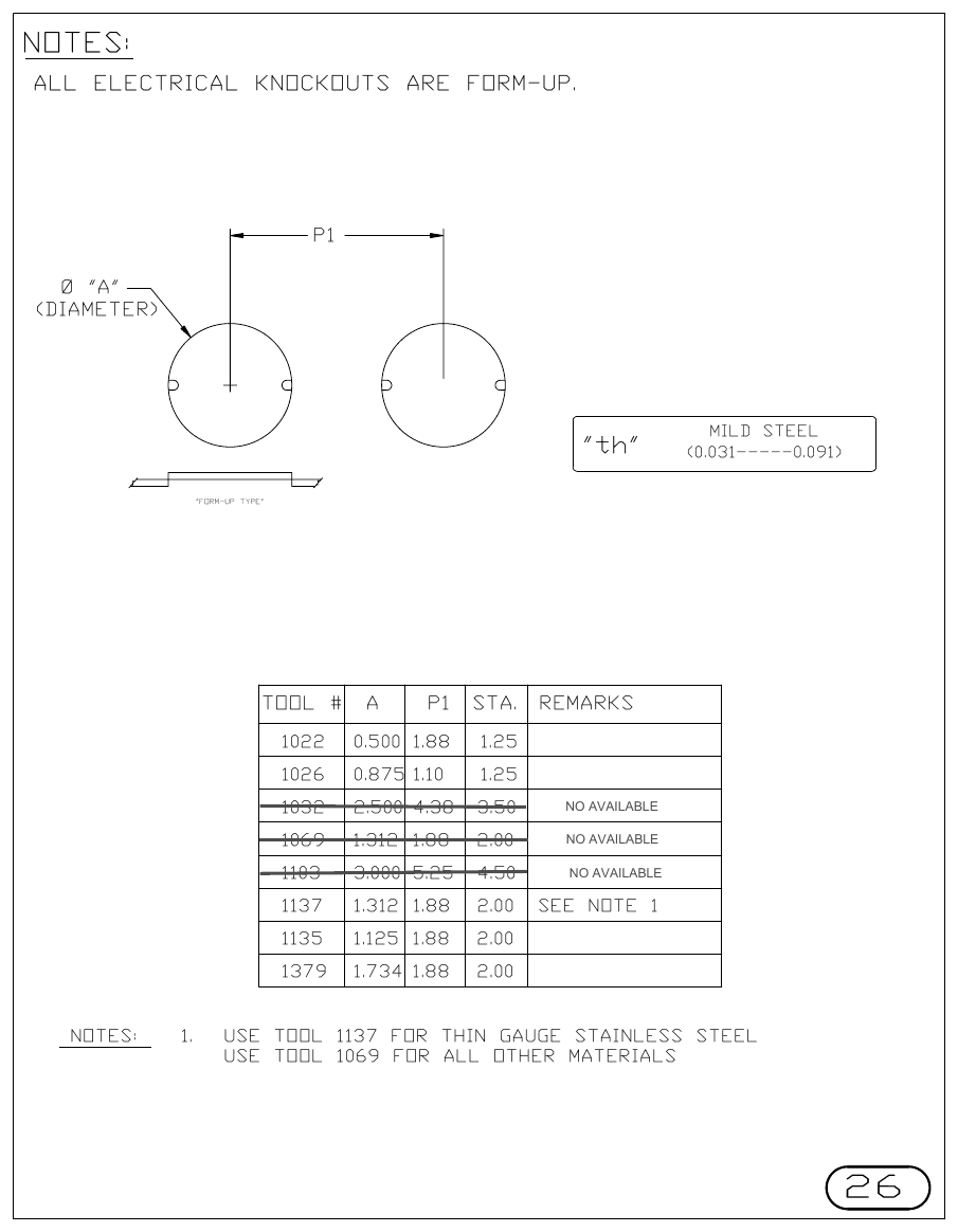MJM Knockouts (EKO) turret punch tool drawings with dimensions, station and clearance