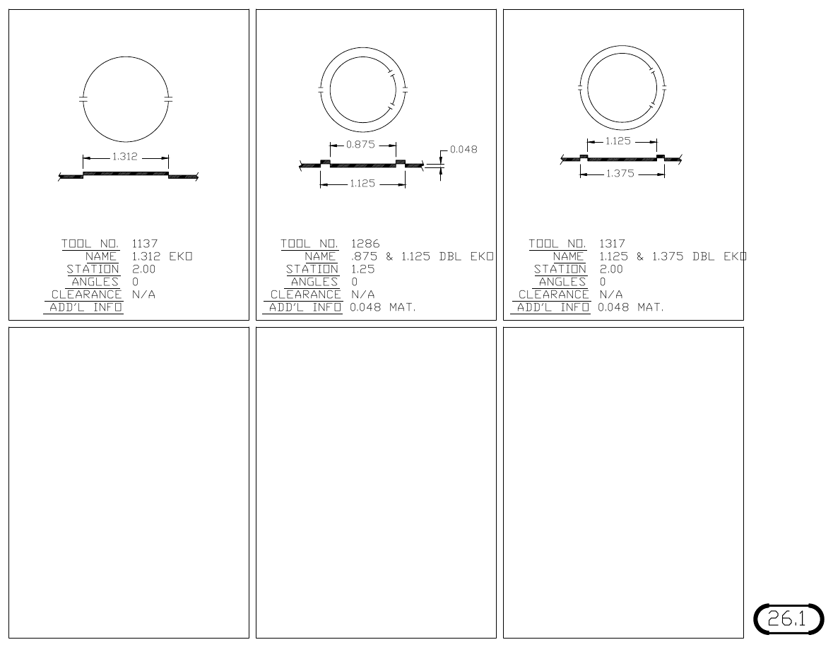 MJM Knockouts (EKO) turret punch tool drawings with dimensions, station and clearance