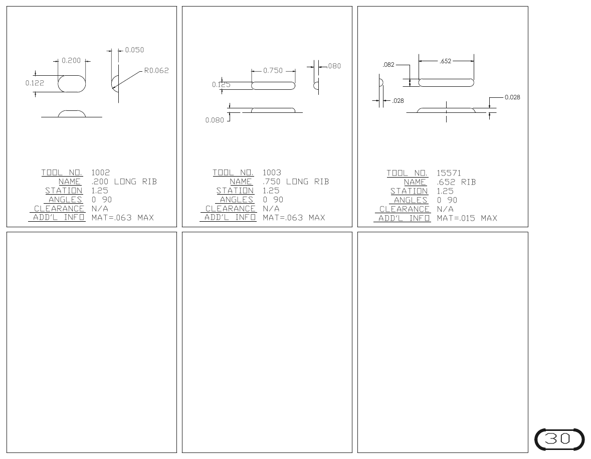 MJM Stiffener Ribs turret punch tool drawings with dimensions, station and clearance