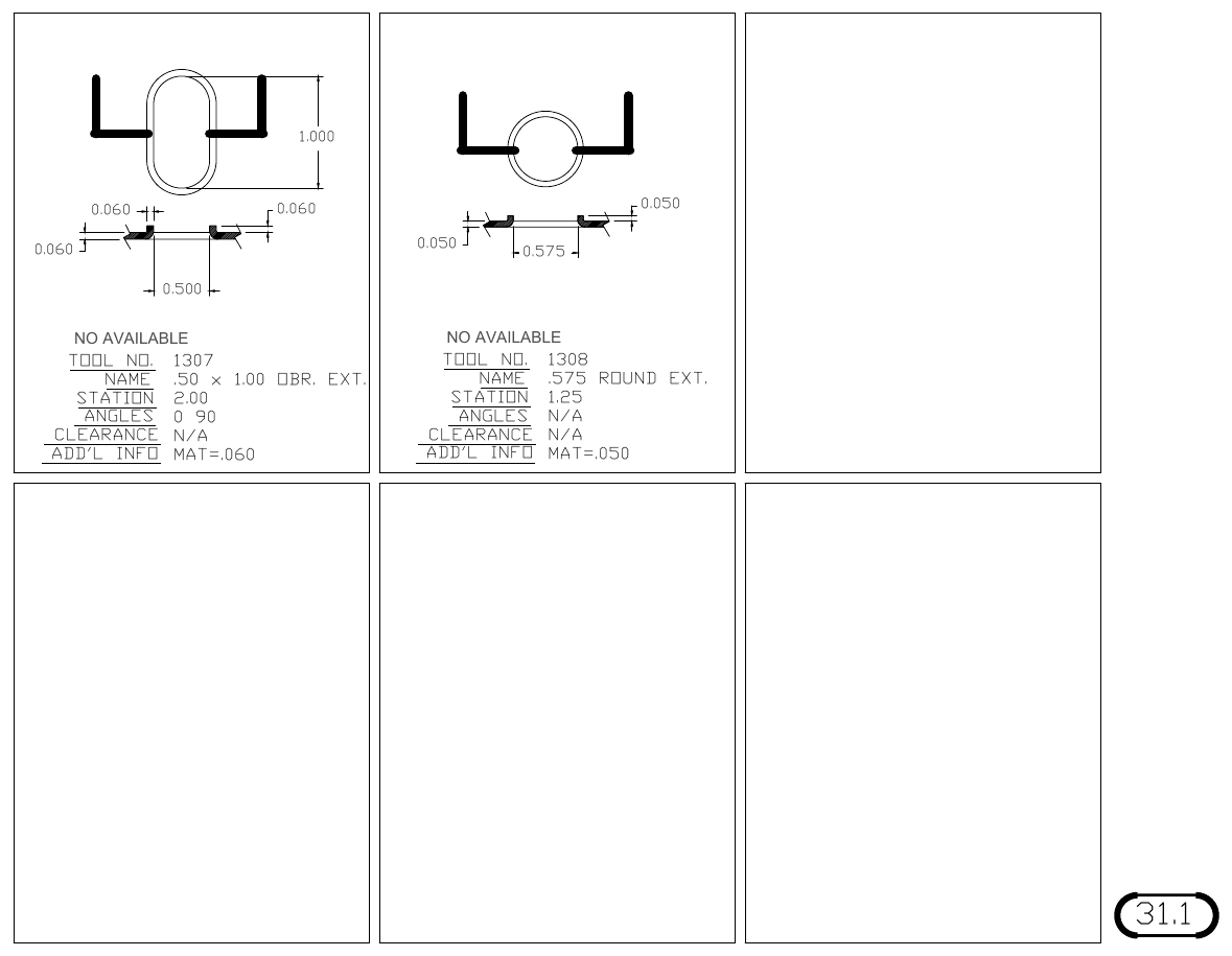 MJM Extrusions turret punch tool drawings with dimensions, station and clearance