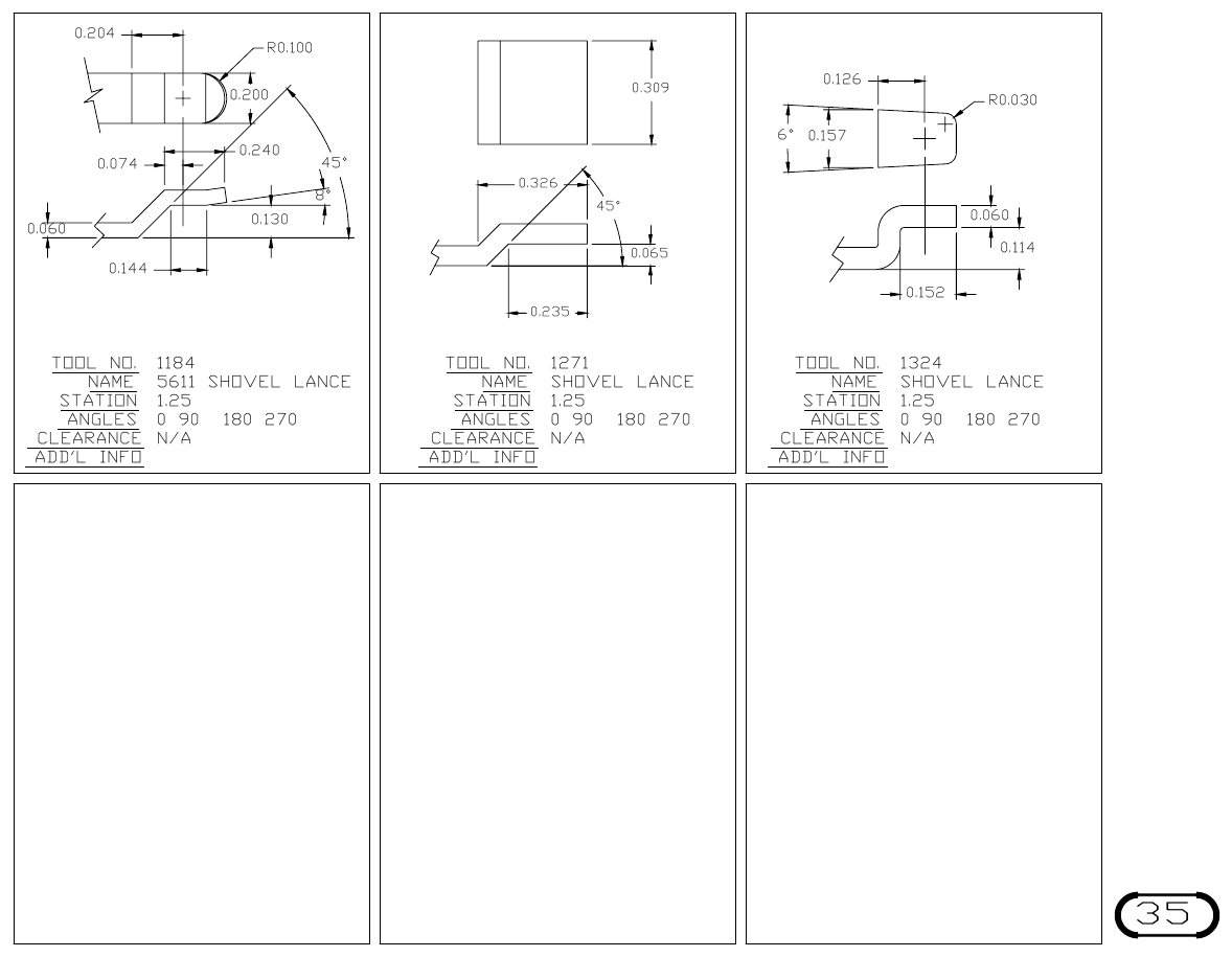 MJM Special Lances turret punch tool drawings with dimensions, station and clearance