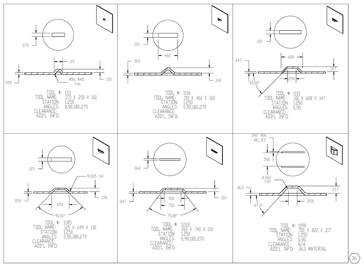 MJM Single Bridge Lance turret punch tool drawings with dimensions, station and clearance