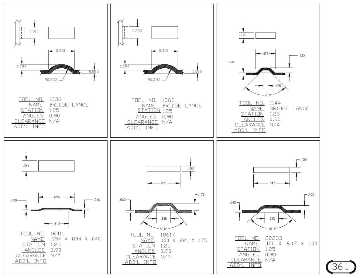 MJM Single Bridge Lance turret punch tool drawings with dimensions, station and clearance