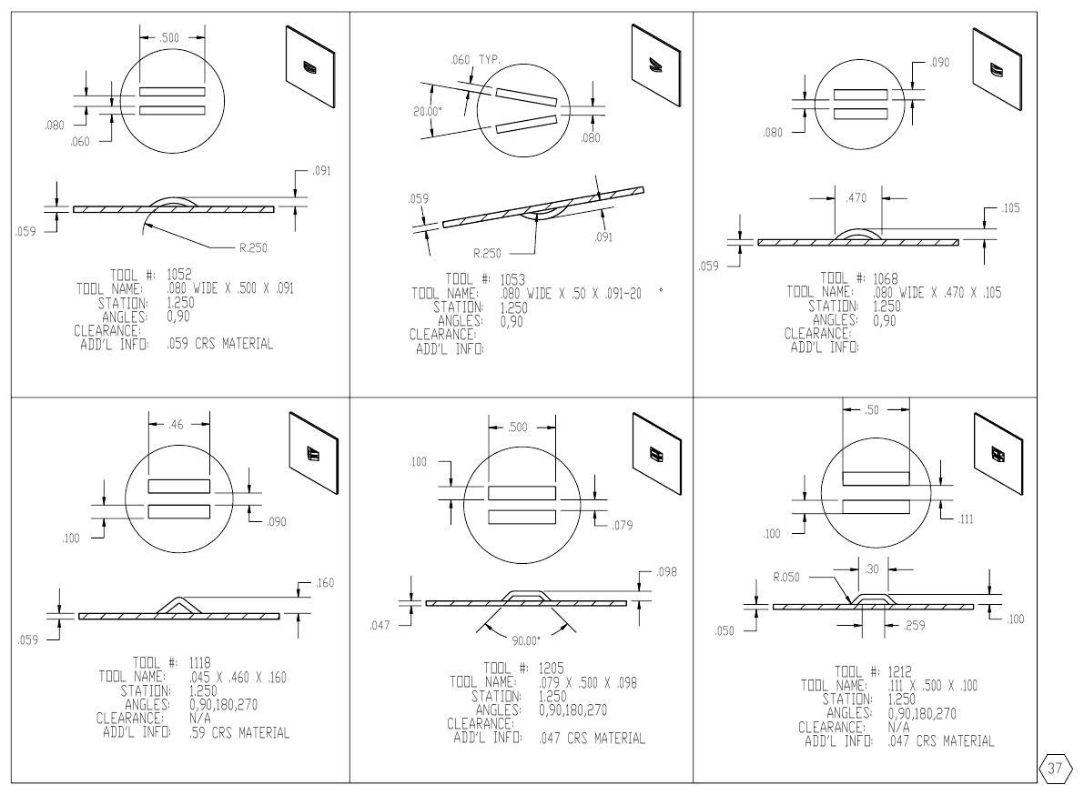 MJM Double Bridge Lance turret punch tool drawings with dimensions, station and clearance