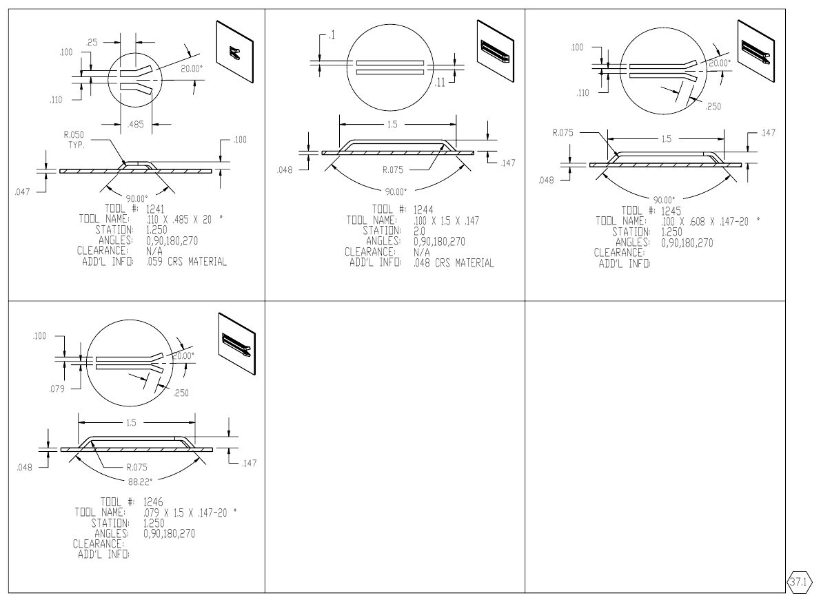 MJM Double Bridge Lance turret punch tool drawings with dimensions, station and clearance