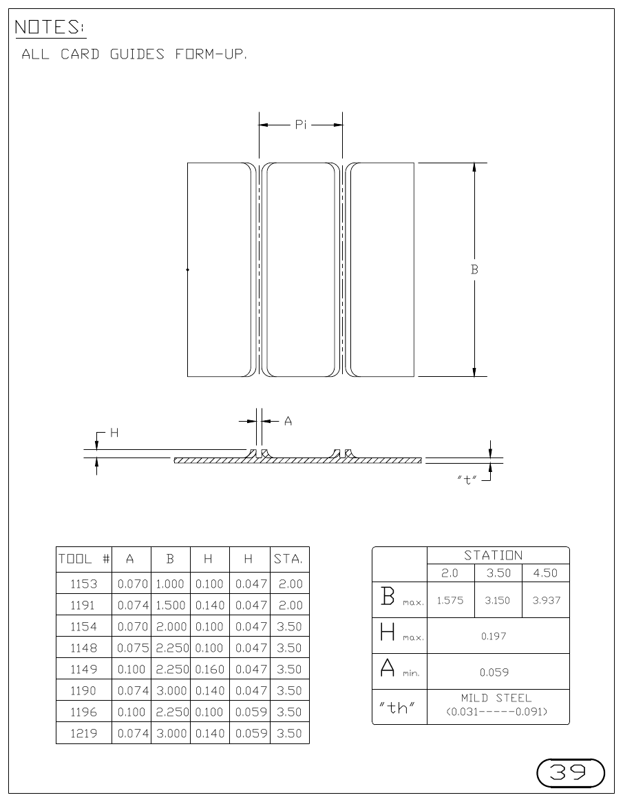 MJM Card Guides turret punch tool drawings with dimensions, station and clearance