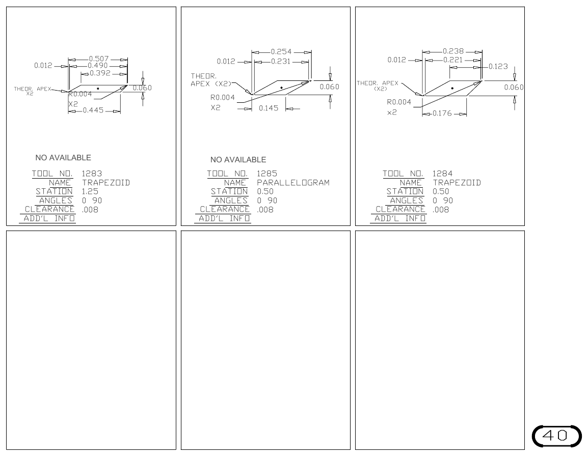 MJM Trapezoid and Parallelogram turret punch tool drawings with dimensions, station and clearance
