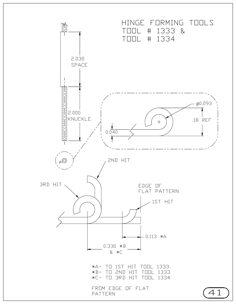 MJM Hinge Forming turret punch tool drawings with dimensions, station and clearance